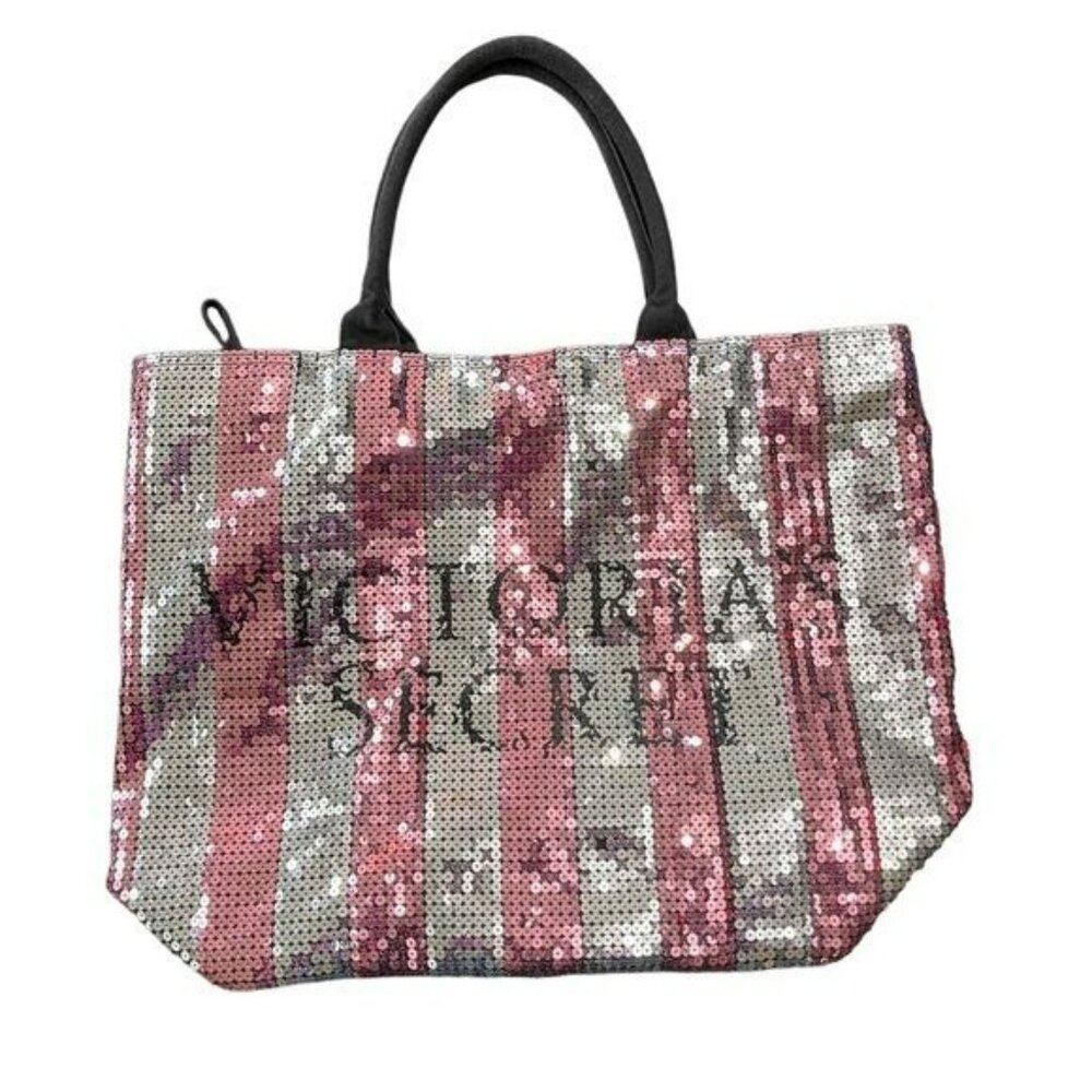Victoria’s Secret Large Tote Overnight Bag Pink Sliver Sequin Striped 14x14x5"